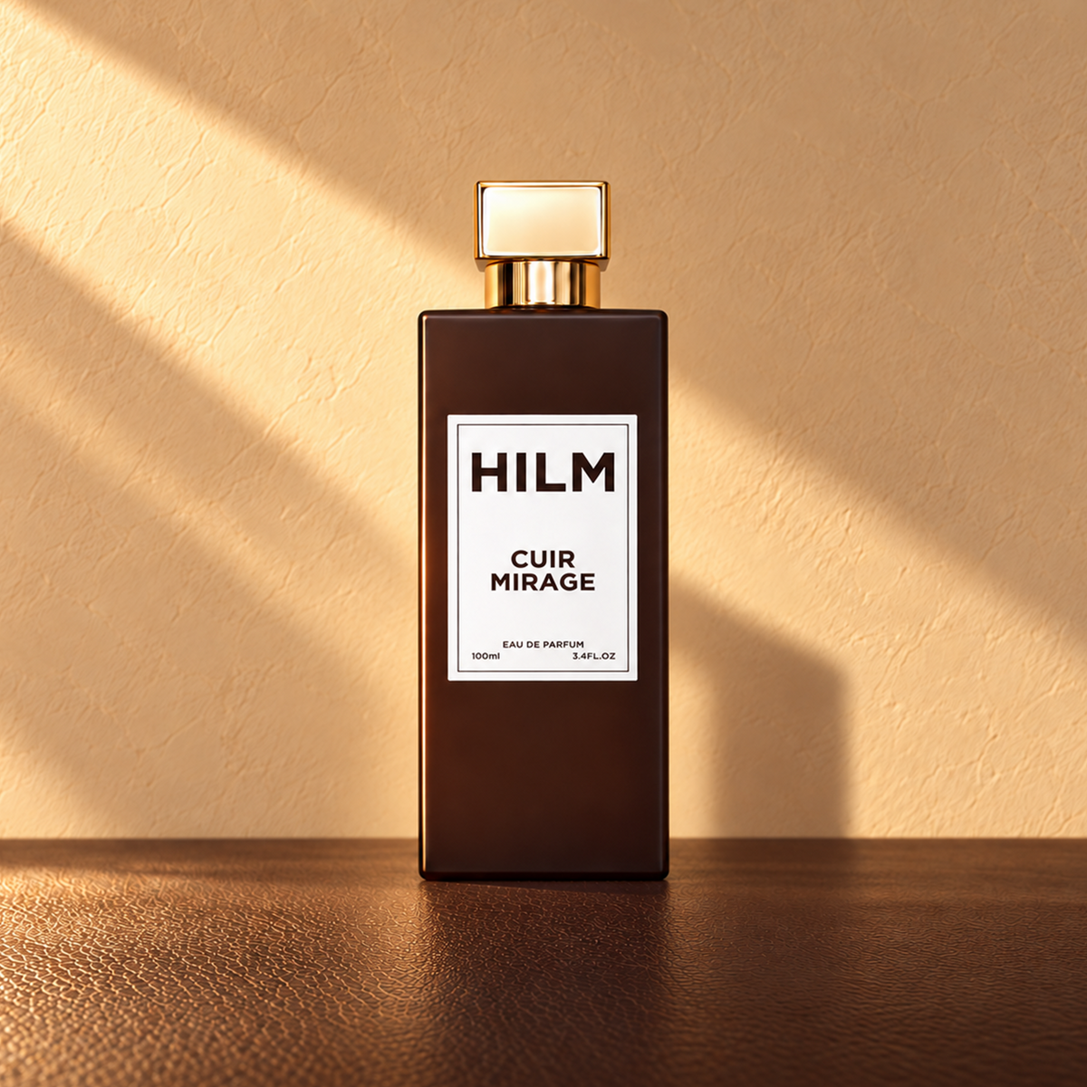 A dark brown perfume bottle with a gold cap and a white label reading 'HILM CUIR MIRAGE', standing on a brown surface against a beige textured wall with diagonal sunlight shadows.