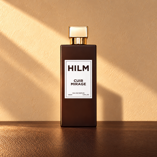 A dark brown perfume bottle with a gold cap and a white label reading 'HILM CUIR MIRAGE', standing on a brown surface against a beige textured wall with diagonal sunlight shadows.