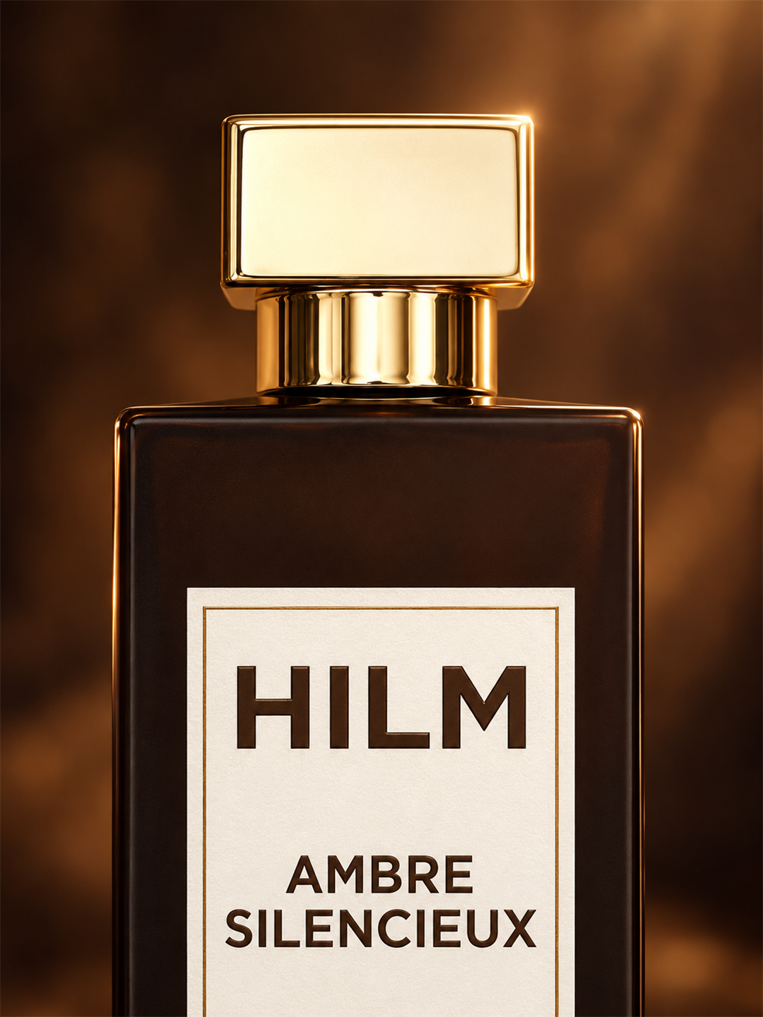 A close-up of a dark amber glass perfume bottle with a gold cap and a cream label reading 'HILM AMBRE SILENCIEUX' against a warm brown background.